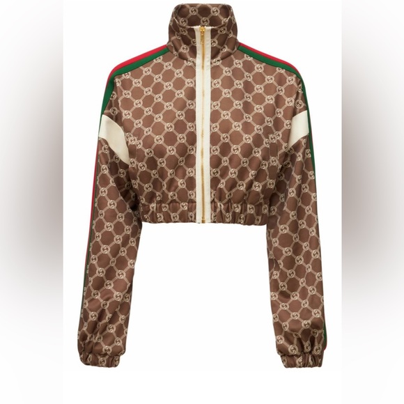 Gucci Jackets & Blazers - NEW!  Gucci Brown Technical Jersey Monogram  Logo Cropped Jacket - S